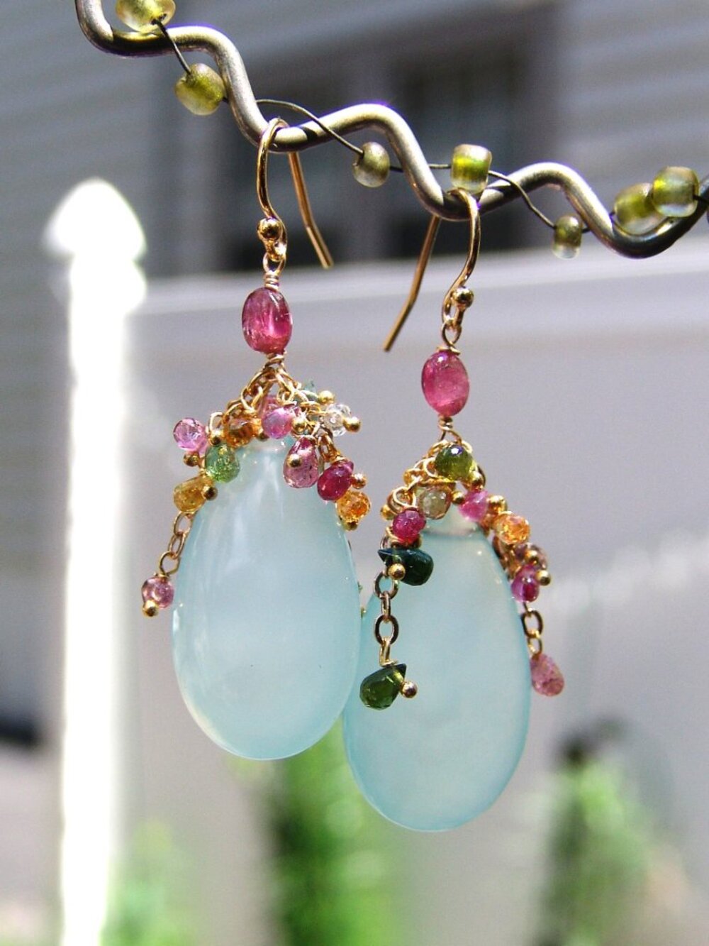 14K GF Aqua Chalcedony Tourmaline Gemstone Briolette Earrings
